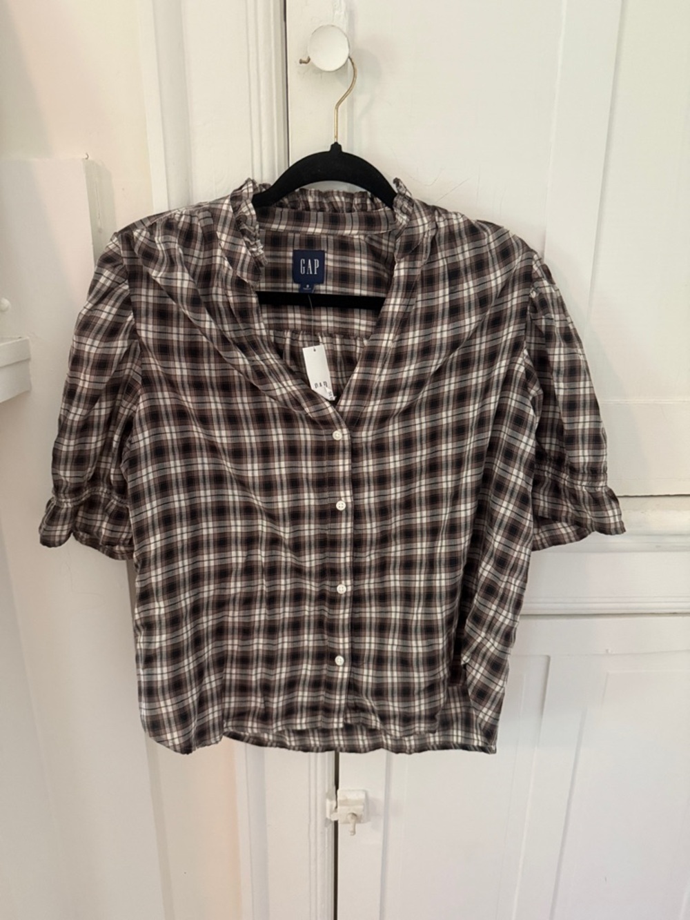 GAP Brown & Cream Plaid Short-Sleeve Button Shirt NWT